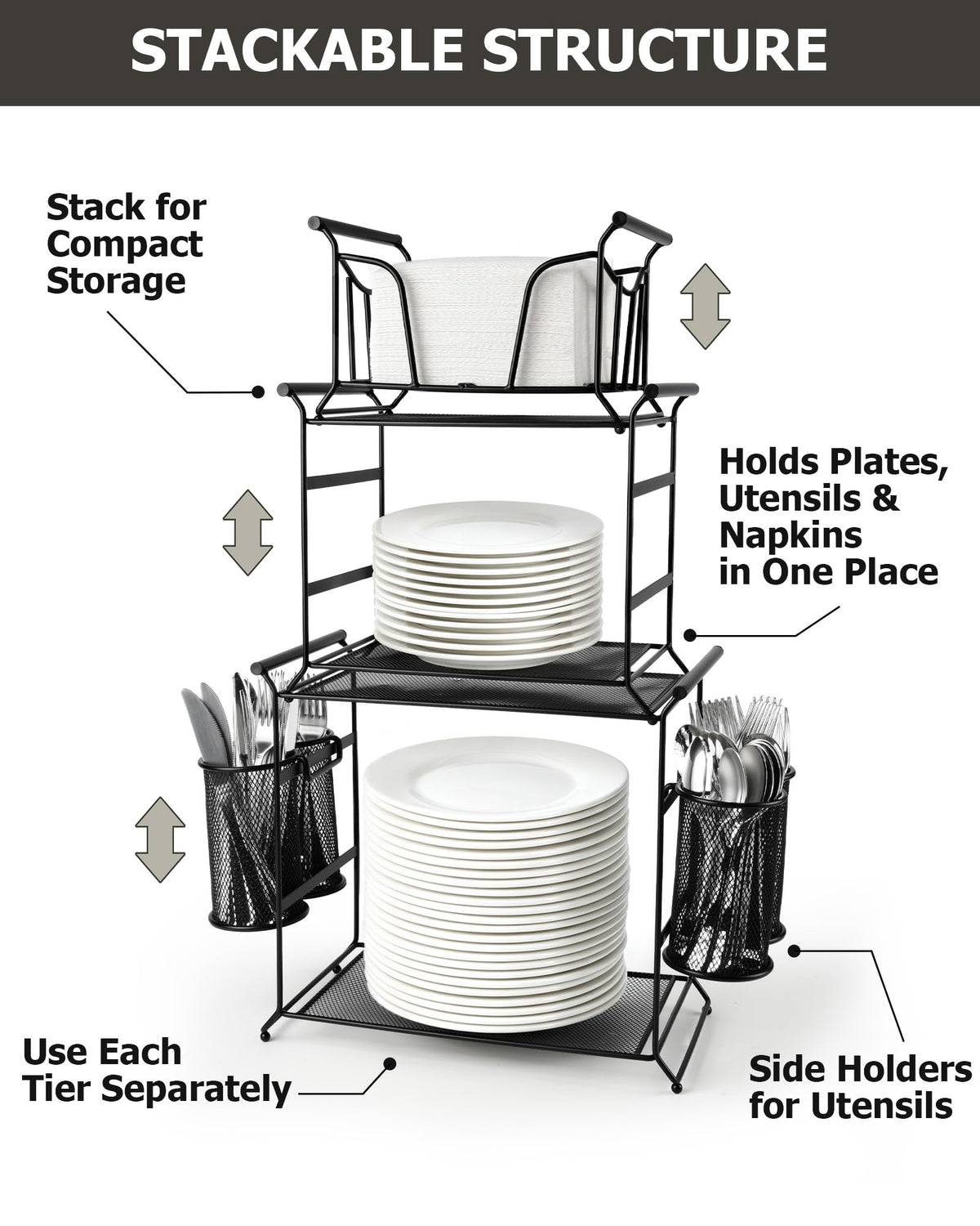 HULISEN 3-Tier Buffet Caddy, 7-Piece Set Stackable Paper Plate and Utensil Holder for Party, Detachable Mesh Silverware Organizer for Countertop, Metal Serving Station for Hosting Party Essentials