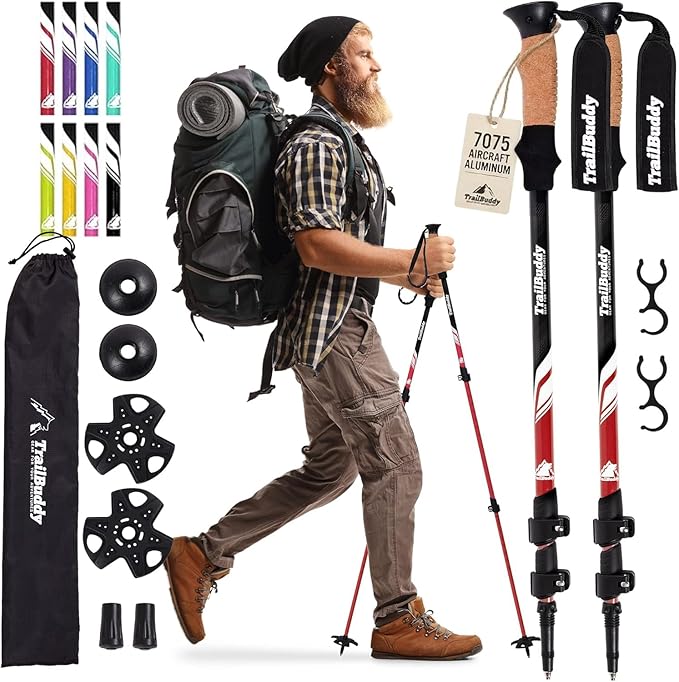 TrailBuddy Trekking Poles – Lightweight 7075 Aluminum Hiking Poles for Women, Men & Seniors – Collapsible Walking Sticks for Travel, Trails & Balance