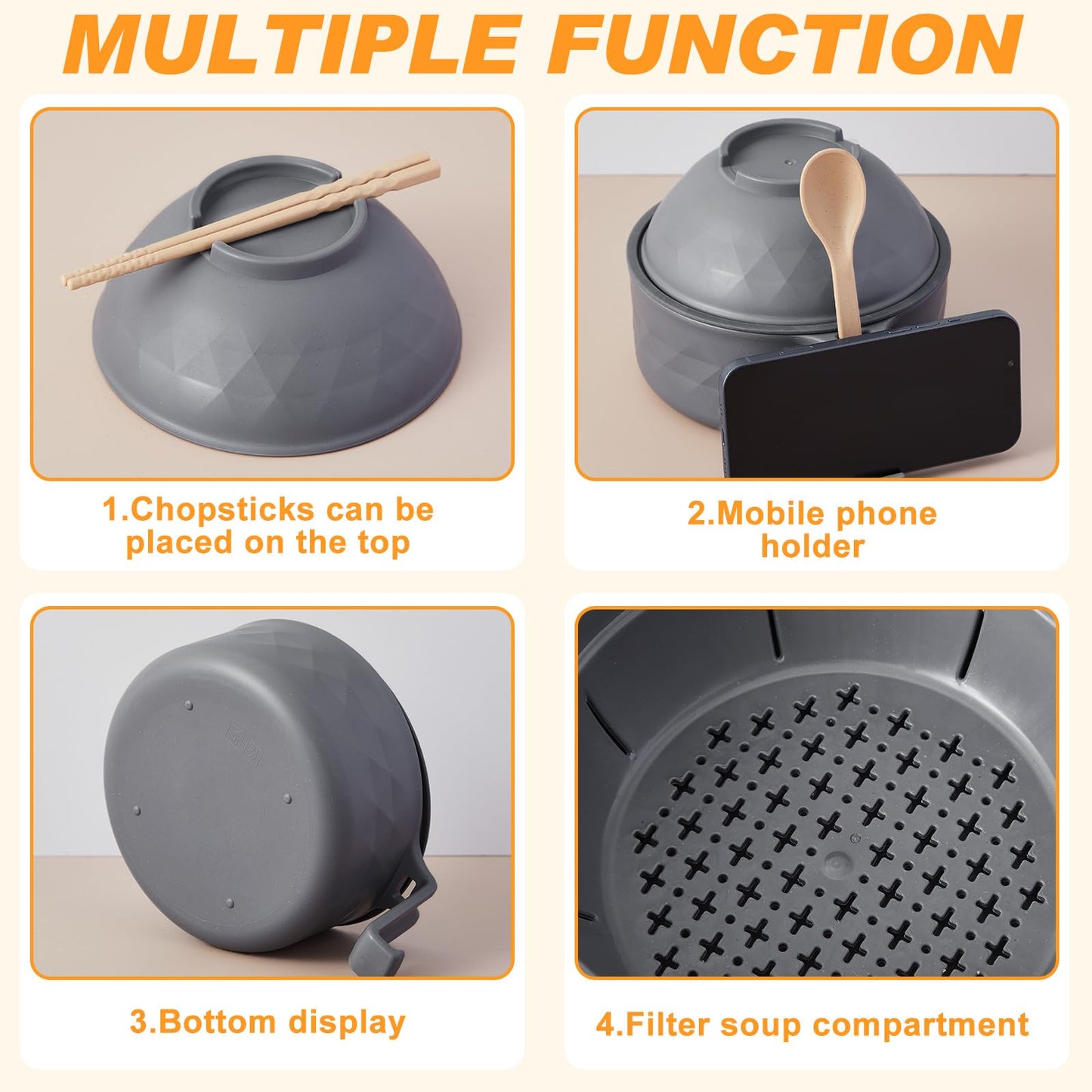 1 Set Microwave Ramen Cooker 40oz Wheat Straw Microwave Noodle Bowl Set with Chopsticks, Spoon, Fork, College Dorm Office Apartment Essentials (Gray)