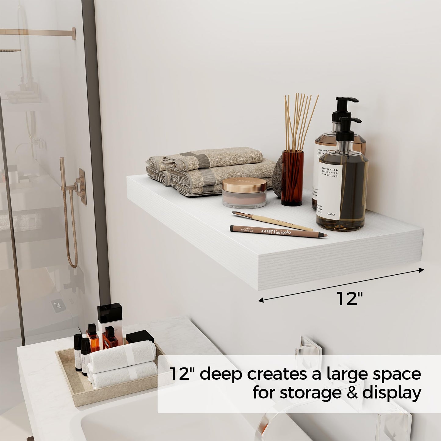 12 Inch Deep White Floating Shelves, 24 x 12 Floating Shelf for Books, Rustic Wood Deep Wall Shelves for Home Storage & Display, 2" Thicked Shelves for Kitchen, Living Room, Bedroom, 1 Pack