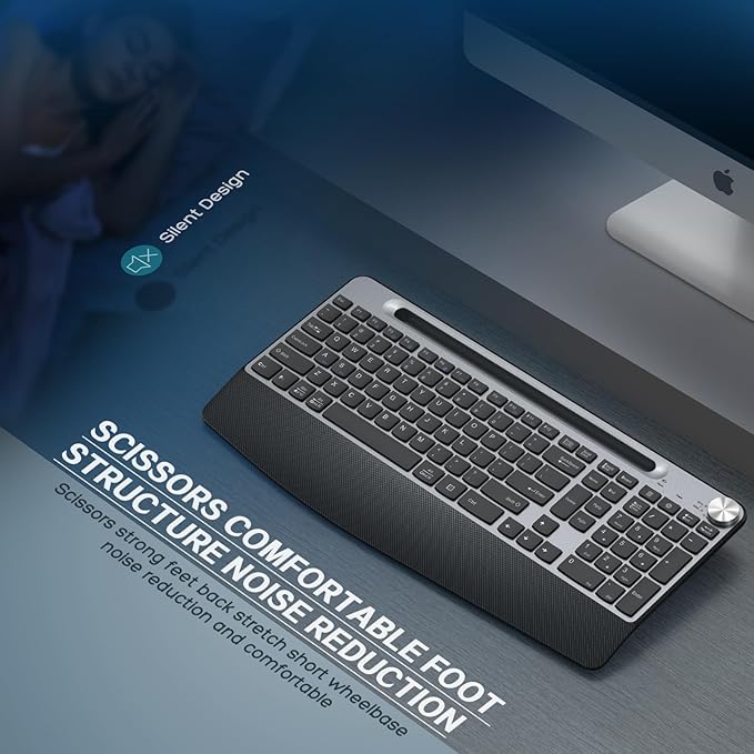 JOYACCESS Ergonomic Wireless Keyboard with Wrist Rest, Low-Profile,Phone Holder,2.4GHz Full Size Silent Cordless USB Computer Keyboard for Windows, Mac OS Desktop/Laptop/PC-Black Grey