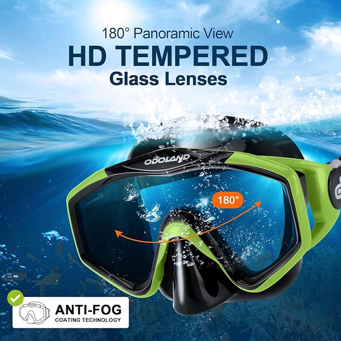 Odoland Snorkel Set, Adults Snorkeling Packages with Dry Top Diving Mask, Adjustable Swim Fins, Mesh Bag, Anti-Fog Anti-Leak Snorkeling Gear for Men Women