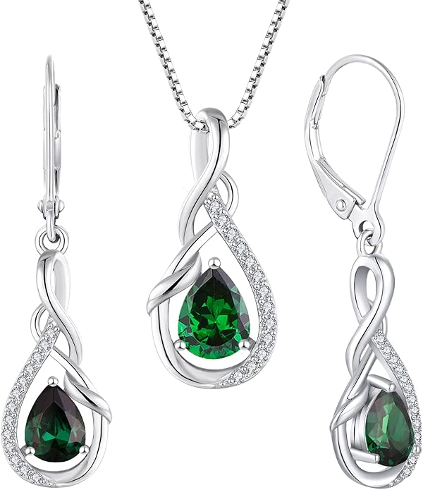 STARCHENIE 925 Sterling Silver Necklace Dangle Earrings for Women Infinity Twisted Teardrop Pendant May Birthstone Created Emerald Jewelry Set