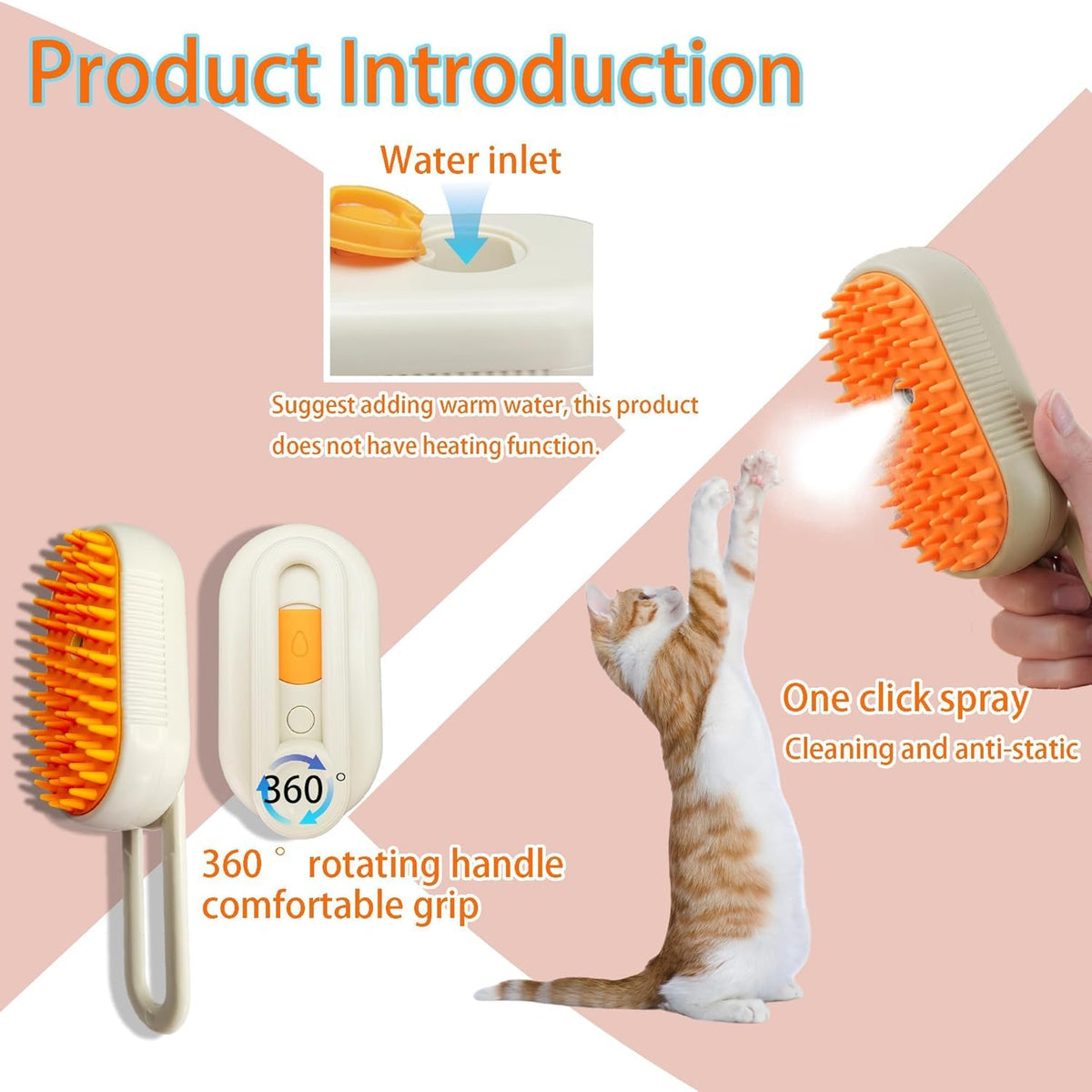 Cat Steam Brush for Shedding Dog Brush with Steam Pet Hair Cleaning Brush Comb for Spray 3 in 1 Pet Grooming for Long & Short Haired Pets – Spritz Defur Comb for cats(orange)