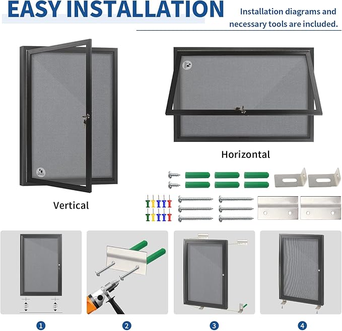 Outdoor Weatherproof Enclosed Fabric Bulletin Board,Noticeboard Case with Lockable Glass Door, Grey Felt,Black Aluminum Frame, 36x24 Inch (5xA4)