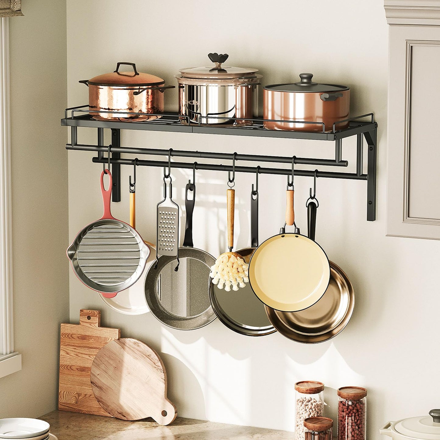 CHOEZON Hanging Pot Rack, Wall-Mounted Pot Rack, Kitchen Cookware Organizer, Metal Pot and pan Organizer Holder, for Cookware, Utensils Organization, Black TPR38BB