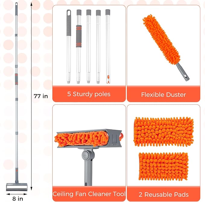 Ceiling Fan Cleaner Duster with 77'' Extension Pole, Reusable Chenille Fan Blade Brush and Duster Head kit, Flexible Ceiling Cleaner for Cobwebs, Wall, Sofa and Furniture（Orange）