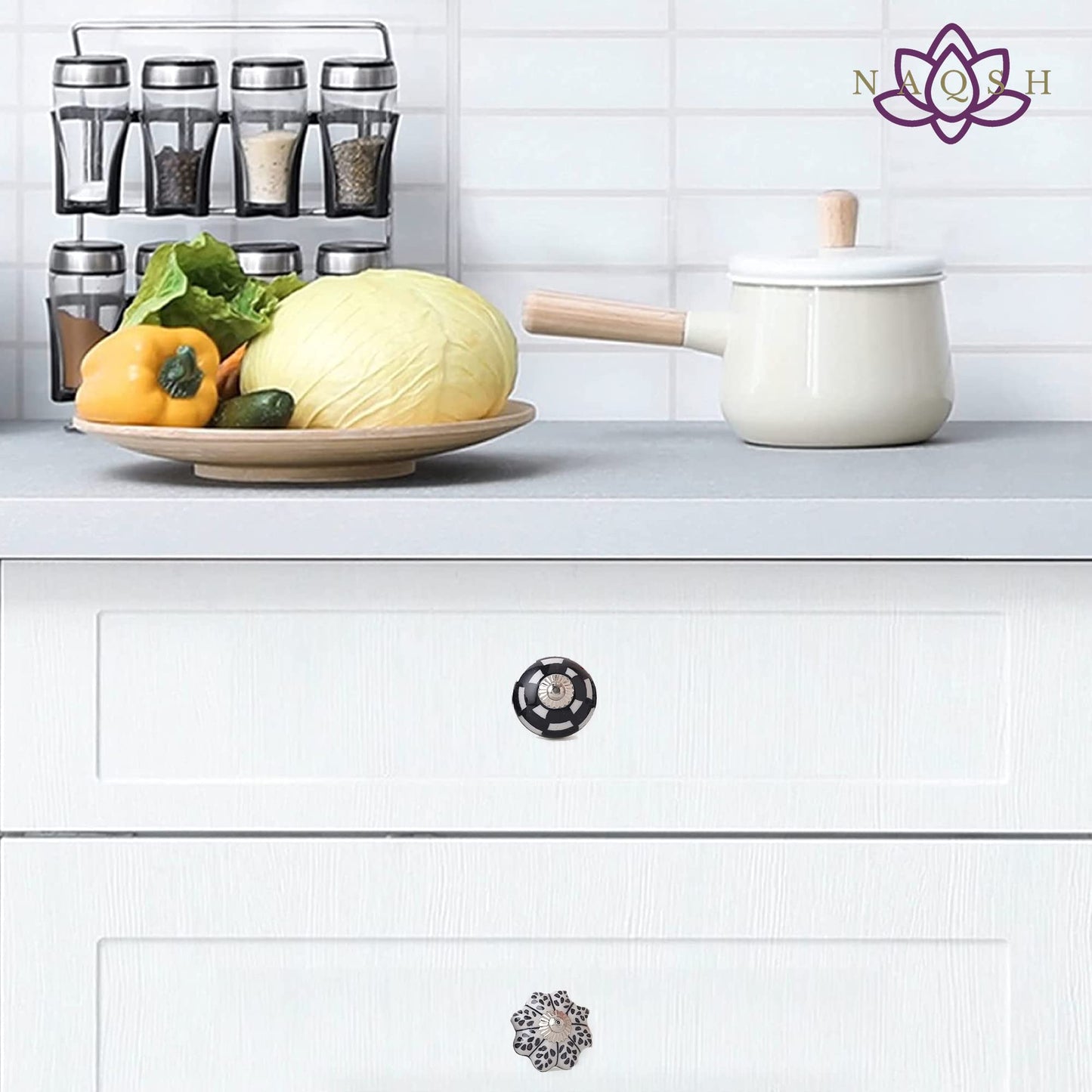 NAQSH Ceramic Cabinet Knobs Kitchen Drawer Knob Handpainted Cupboard Door & Drawers Pulls (Black & White, 12)
