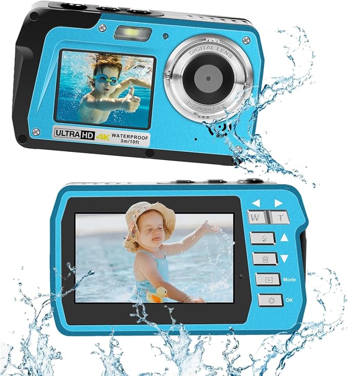 4K Underwater Camera, Full HD 4K&48MP Compact Floatable Camera, 10FT Waterproof Camera for Snorkeling, Surfing, Rafting, Dual-Screen for Selfie/16X Digital Zoom/Fill Light/Support 128GB Card(Blue)