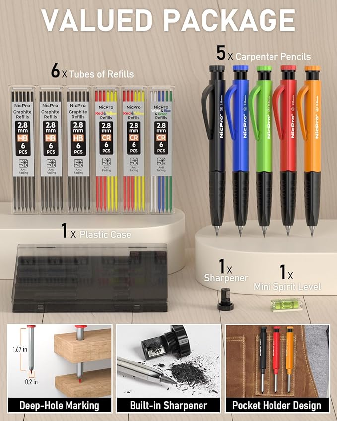Nicpro 5 Pack Mechanical Carpenter Pencil Set with Sharpener & Finger Grip, Mechanical Woodworking Pencils with 41 Refills, Deep Hole Marker Heavy Duty Construction Pencils for Architect- With Case