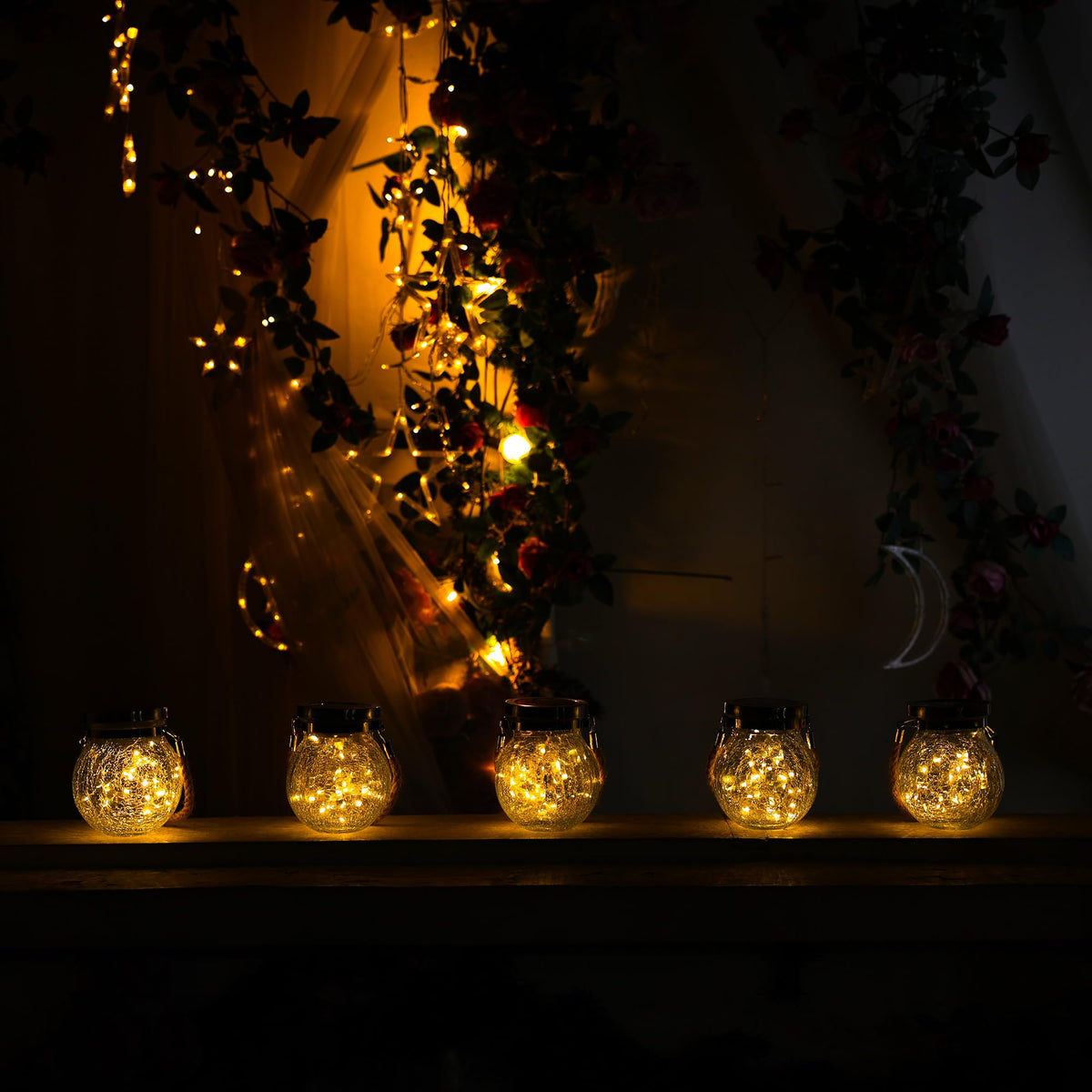 Cooo 6 Pack Heavy Crackle Glass Solar Lantern with 30 LED Firefly Lights– Waterproof Outdoor Hanging Lamp 215% Larger Solar Panel, Stainless Steel Lid Decorative Lighting for Garden Patio Table