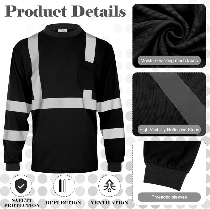 Amylove 4 Pcs Long Sleeve Safety Shirt High Visibility Reflective Construction Work Shirts for Men Women(XL,Black)