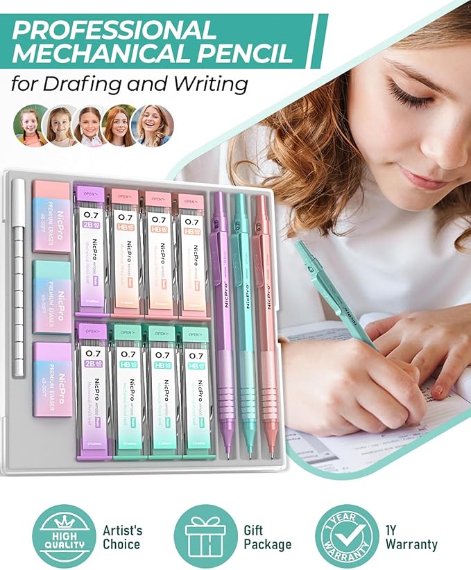 Nicpro 0.7 mm Metal Mechanical Pencil Set, 3PCS MP1000 Artist Lead Pencils With 480PCS HB 2B Lead Refills, Erasers, Pastel Aesthetic Mechanical Pencils for School Supplies Writing Drawing Sketching