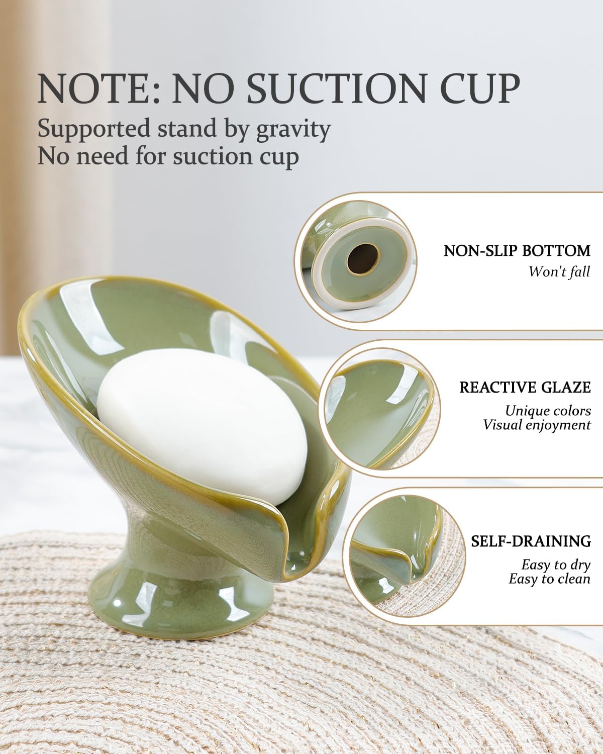Soap Dish, Self Draining Bar Soap Holder for Bathroom Sink, Leaf Shaped Drainage Ceramic Olive Green Porcelain Decorative Soap Dish, No Suction Cup, ANTIS'S HOME