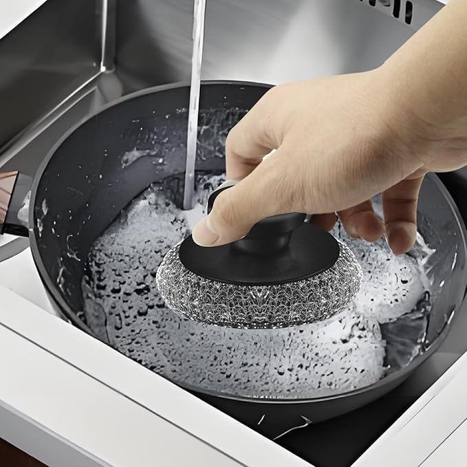 Scrubber with Handle Comes with Three Replacement Balls Steel Wool, Short Handle Scrubber, Steel Wool Scrubber Supplies Dish Scrubber, Stainless Steel Scrubber Tool Metal Scrubber for Dishes