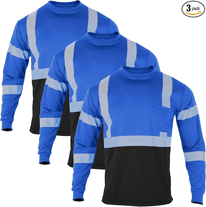 VENDACE Safety T Shirts Reflective High Visibility 3 Pack Hi Vis Long Sleeve Construction Work Shirts for Men (Royal Blue,3XL)