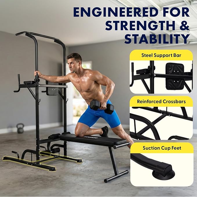 SQUATZ Pull-Up Dip Station - Your All-in-One Power Tower Gym and Chin-Up Bar Stand with Collapsible Bench for Home Exercise and Bench Press