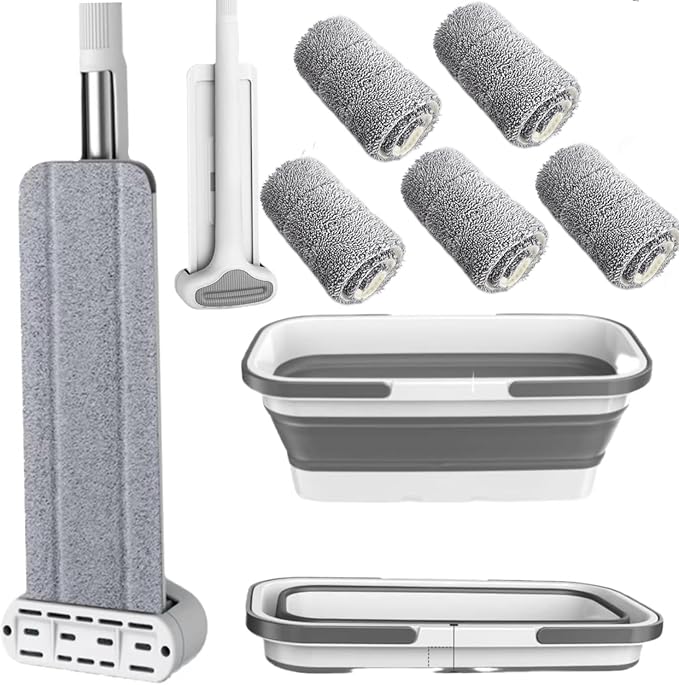 Mop and Bucket Set with Wringer, Flat Mops for Floor Cleaning, Wall Mop Cleaner with Long Handle, Hardwood Floor Mop with 6 Microfiber Pads (1 Mop + 6 Microfiber Pads + 1 Bucket)