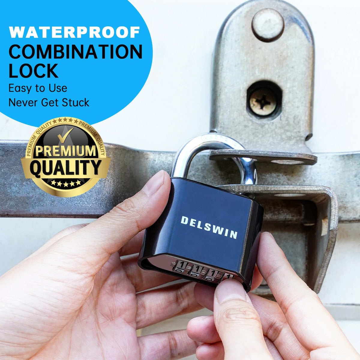 DELSWIN 4-Digit Combination Lock Outdoor Padlock - Heavy Duty Locker Lock with Hardened Steel Shackle, Waterproof Combo Lock for Gym Locker, Hasp Storage, Shed, Fence, Gate (Black,1Pcs)