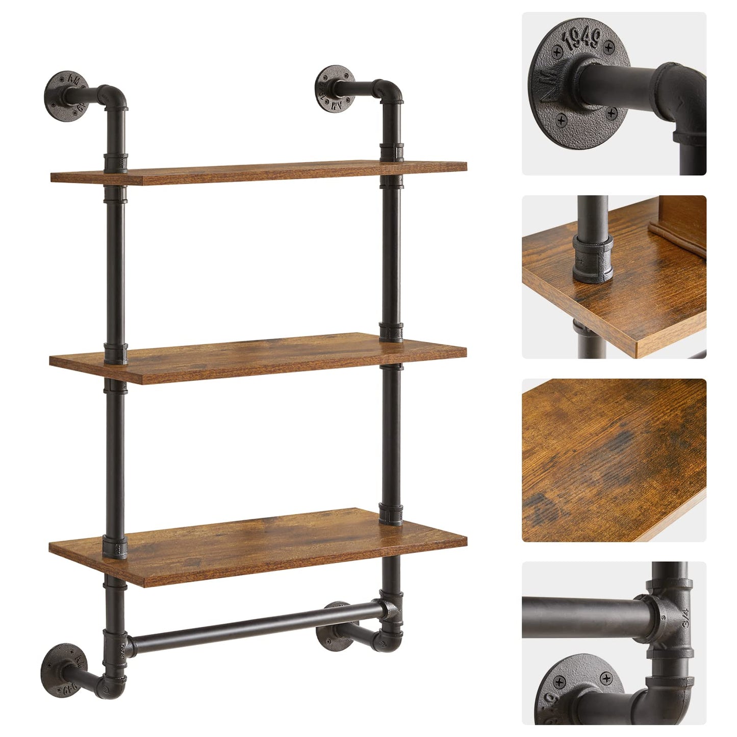 IBUYKE Industrial Pipe Shelf,40.5 inches Wall Mount Bookcase,3-Tier Wall Shelf with Towel Bar,Rustic Iron Pipe Floating Shelvesfor Bedroom,Kitchen,Living Room,Bathroom URF-TM015