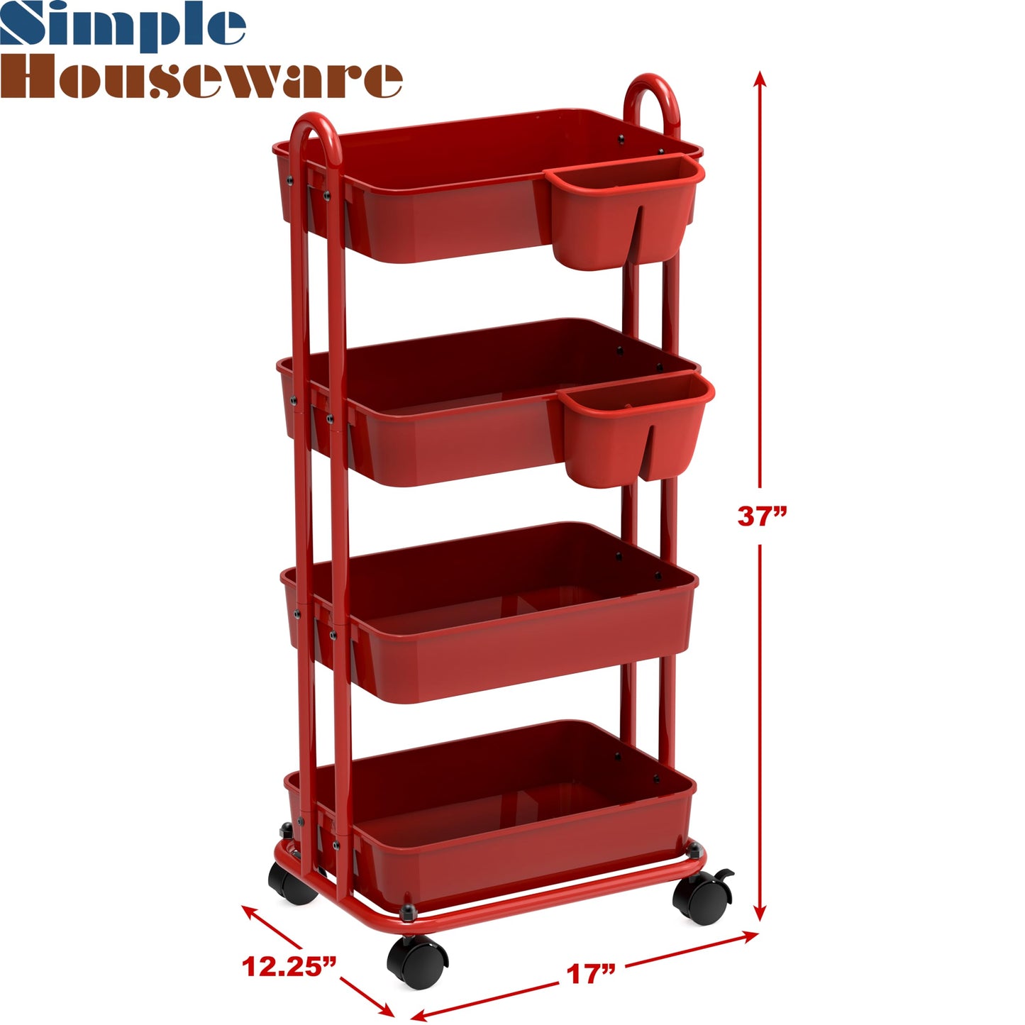 Simple Houseware 4-Tier Multifunctional Rolling Utility Cart with Hanging Buckets, Red
