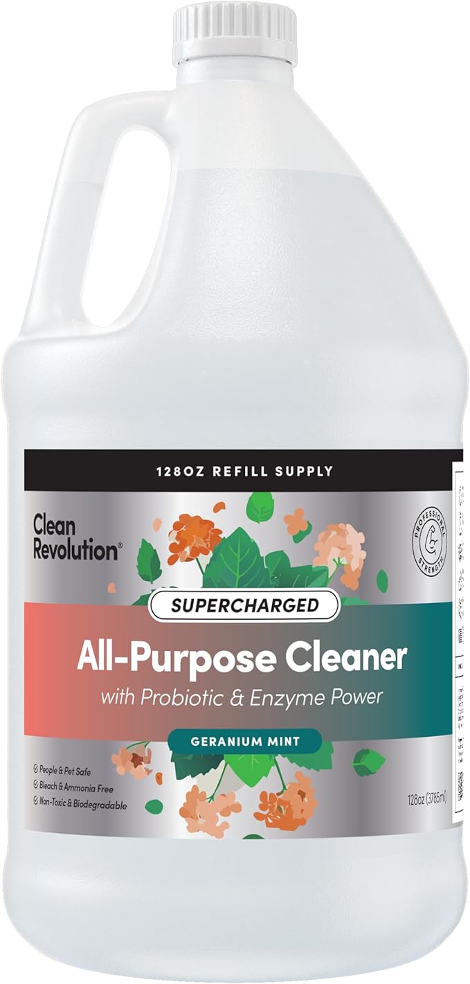 Clean Revolution SuperCharged All Purpose Cleaner Refill with Smart Probiotic + Enzyme Complex, Multi-Surface Kitchen Bathroom & Floor Cleaner, Geranium Mint, 128 Fl Oz