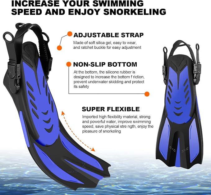 Odoland Snorkel Set, Adults Snorkeling Packages with Dry Top Diving Mask, Adjustable Swim Fins, Mesh Bag, Anti-Fog Anti-Leak Snorkeling Gear for Men Women