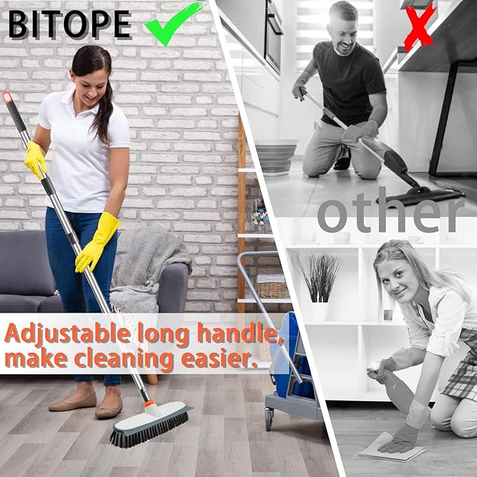 Heavy Duty Floor Scrub Brush and Grout Cleaner Set with Long Handle & Wide Floor Brush with Stiff Bristles Outdoor Scrubber for Cleaning Deck Tile Kitchen Swimming Pool Bathroom(2 Pack Brush Head)