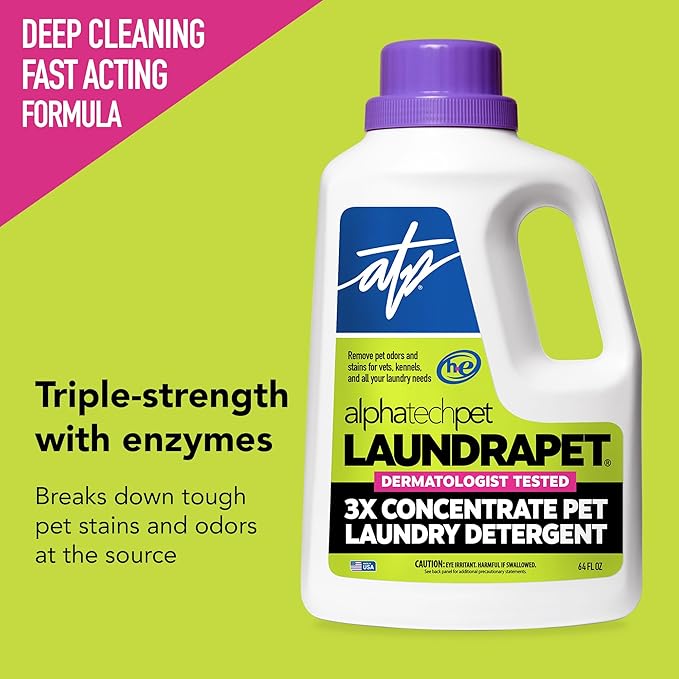 LaundraPet 3X Strength Premium Laundry Detergent with Enzyme Cleaner - 64 Oz (96 Washes) Pet Stain and Odor Eliminator, Enzymatic Detergent by Alpha Tech Pet