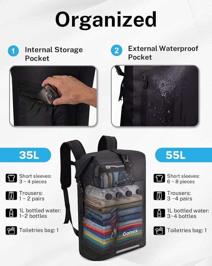 Gonex Ultralight Waterproof TPU Backpack, 55L Roll Top Dry Bag with Comfortable Padded Back Panel for Kayaking Boating Camping Fishing Travel,Black