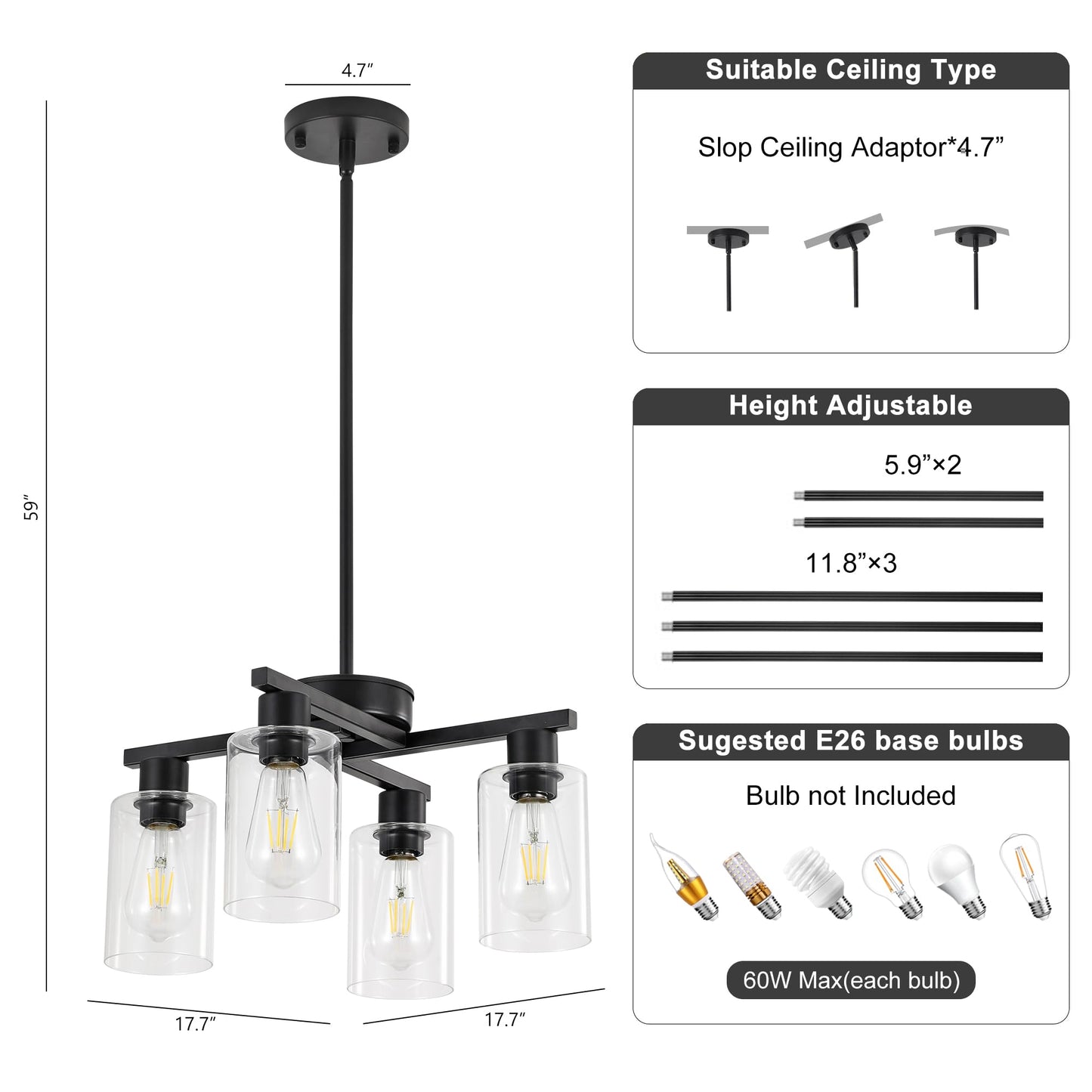 Xeruyiwa 4-Light Black Modern Farmhouse Chandelier, Adjustable Height Pendant Lighting for Kitchen Island & Dining Room, Industrial Hanging Fixture with Clear Glass Shade for Entryway Foyer Bedroom