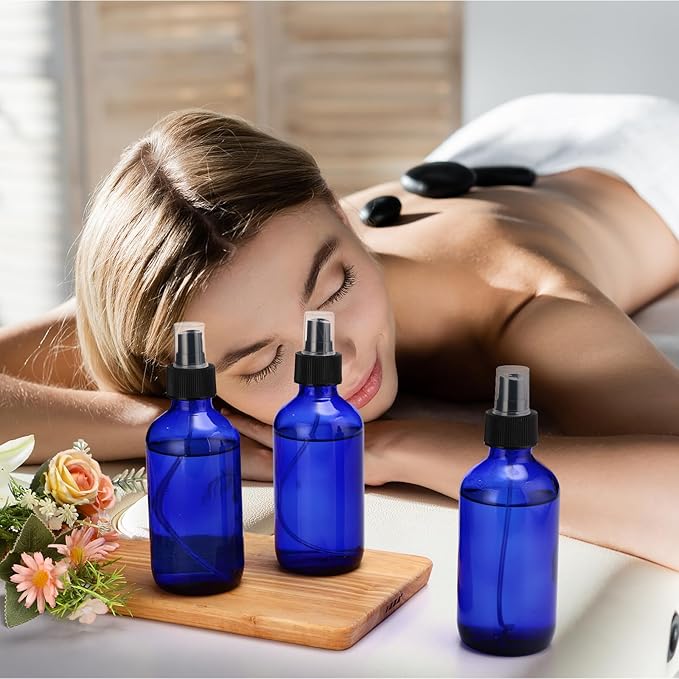 Norme 12 Pcs 8 oz Glass Spray Bottles with Funnels and Labels Refillable Cosmetic Empty Spray Bottles with Sprayer Containers for Essential Oil Cleaning Solutions(Blue,Stylish)
