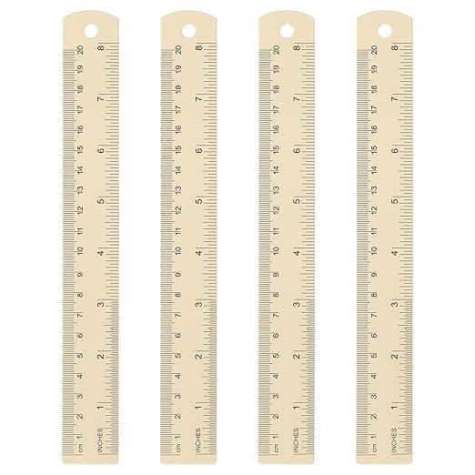 HARFINGTON 4pcs Metal Straight Ruler 20cm Metric SAE Aluminum Alloy Measuring Rulers Scale Tool with Hole for Measure Study Reading Classroom Office, Beige