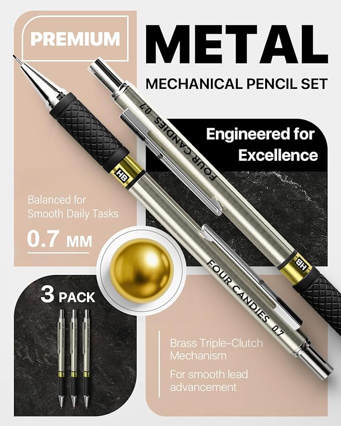 Four Candies Metal Mechanical Pencil Set - 3PCS 0.7mm Art Mechanical Pencils & 360PCS HB Lead Refills & 3PCS Erasers & 9PCS Eraser Refills, Drawing Mechanical Pencils for Writing, Sketching-With Case