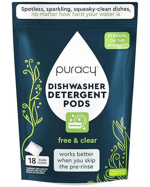 Puracy Dishwasher Pods, Natural Dishwasher Detergent, Free & Clear Dish tabs - Enzyme-Powered, Spot & Residue Free - TikTok Trend Items, Must Haves from TikTok Made Me Buy It (Free & Clear, 18 Count)