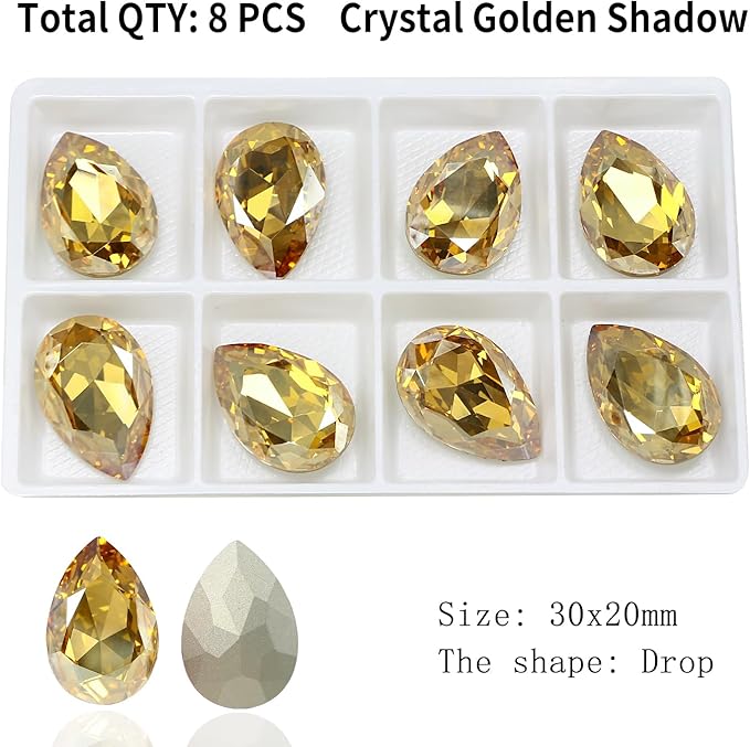 8Pcs Teardrop Crystal Pointback Rhinestones,30 * 20mm Large Glass Rhinestones Gem Stones for Crafts Dress Shoes Jewelry Making，Crystal Golden Shadow