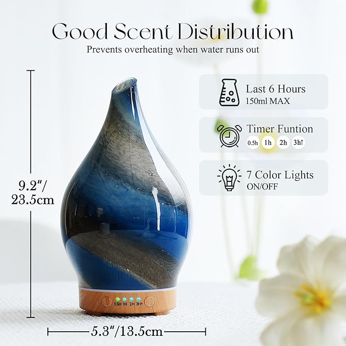 Porseme 150ml Essential Oil Diffuser Glass Color Changing Aroma Air Diffusers Aromatherapy Ultrasonic Cool Mist Humidifier 6 Running Hours Waterless Auto-Off for Sleeping Yoga Office Spa (Galaxy)