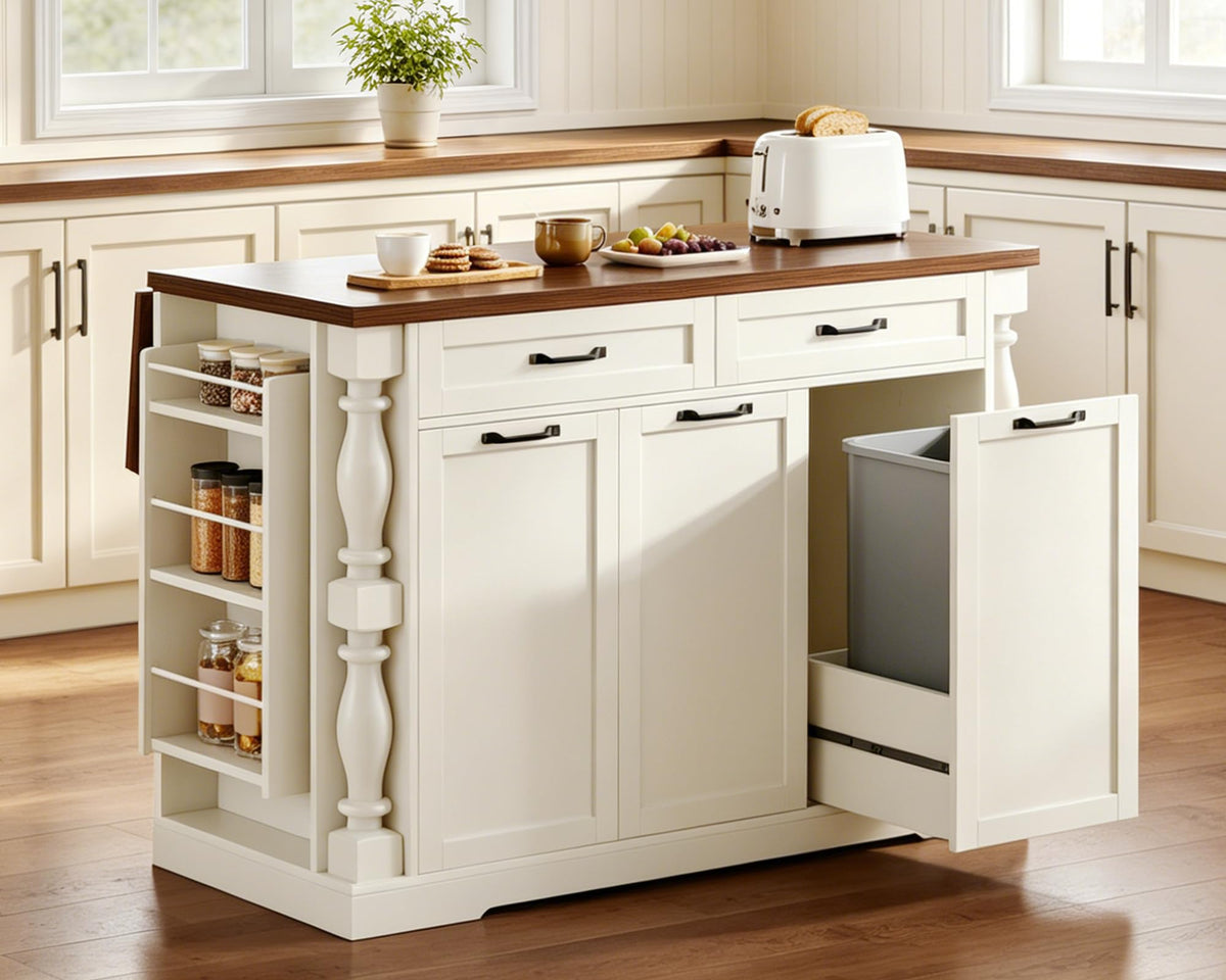 Homiflex Kitchen Island with Power Outlet & Trash Cabinet, 47.6" Roman Style Rolling Kitchen Island with Drop Leaf Tabletop 11.8", Kitchen Cart with Spice Rack & Drawers & Cabinets Coffee Bar Station