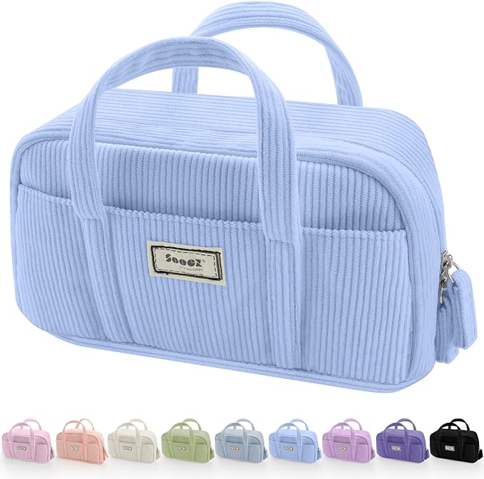 Sooez Large Pencil Case Pouch, Extra Big Pencil Bag with 5 Compartments, Pen Bag Wide Opening, Soft Corduroy Pencil Pouch Organizer with Zipper, Cute Aesthetic School Supplies for Teen Girls-Sky Blue