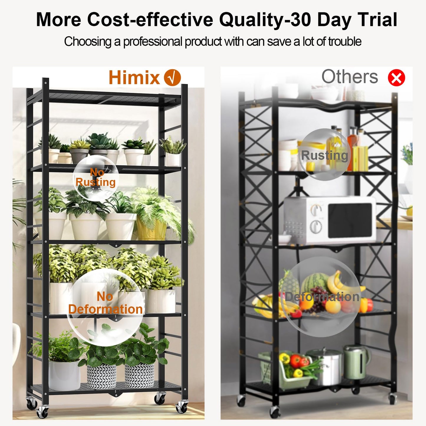 Himix Storage Shelves with 20 Hooks, 5-Tier Collapsible Organization Storage Rack Bookshelf Folding Pantry Shelves Cube Shelf Wire Shelving Holds 440 Ibs for Garage Kitchen Room, Black