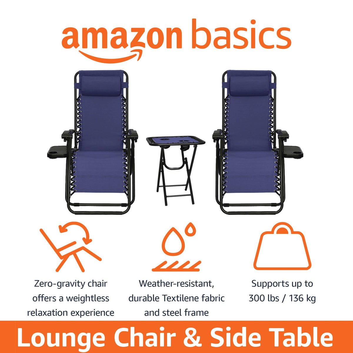 Amazon Basics Outdoor Textilene Adjustable Zero Gravity Folding Reclining Lounge Chair Set with Side Table, pack of 2, Blue