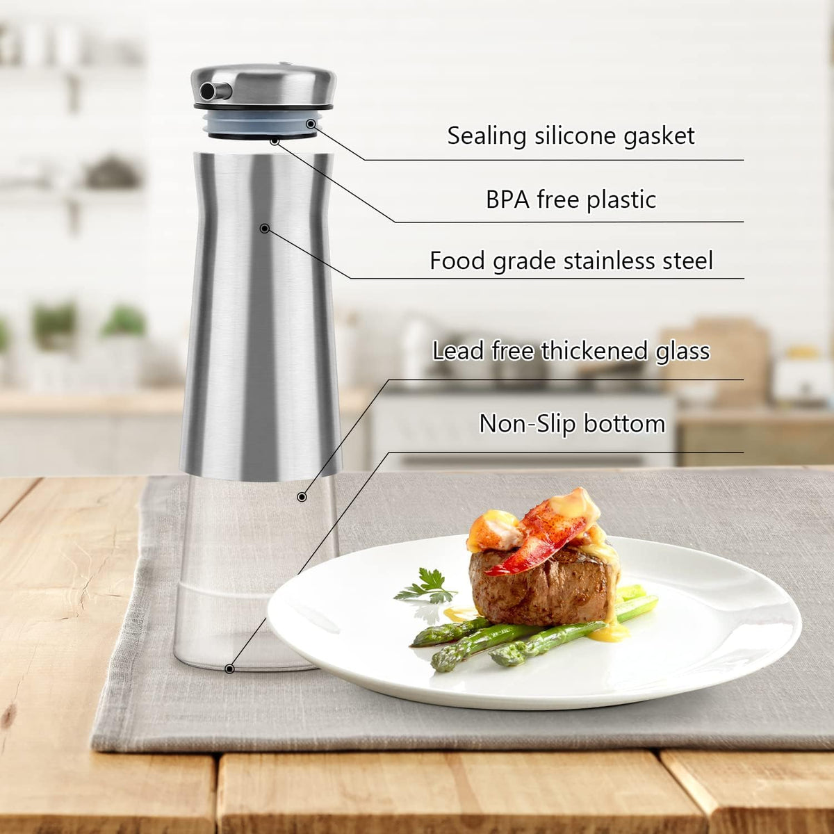 Aelga Olive Oil And Vinegar Dispenser Set -2 Pack Elegant Stainless Steel Oil Dispenser Set- Vinegar Bottle for Kitchen with No-Drip