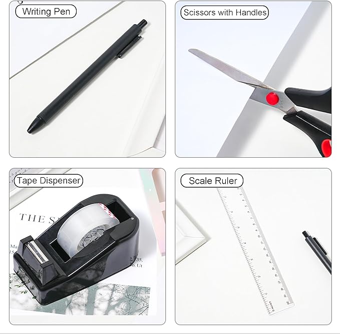 Black Desk Accessories with Pen Holder, Office Supplies Desk Organizers and Accessories, Tape Dispenser, Stapler, Staple Remover, Staples, Clips Set, Ruler, Scissor, Pen, Tape (Black)