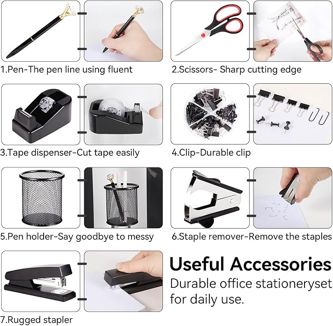 Black Desk Accessories, Office Supplies Set with Stapler, Tape Dispenser, Staple Remover, Pen Holder, Scissor, Binder/Paper Clips, Ballpoint Pen, Clear Tape and 1000pcs Staples