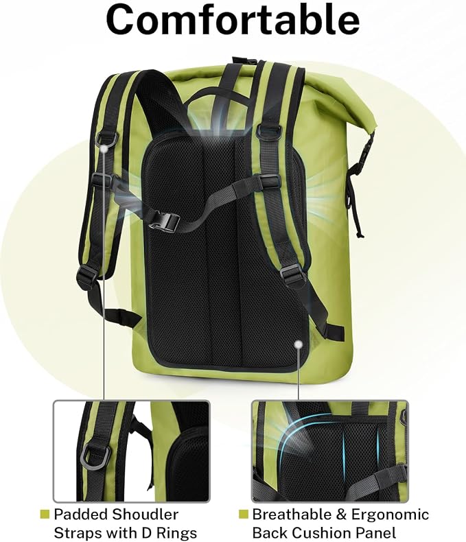 Gonex Ultralight Waterproof TPU Backpack, 55L Roll Top Dry Bag with Comfortable Padded Back Panel for Kayaking Boating Camping Fishing Travel,Green