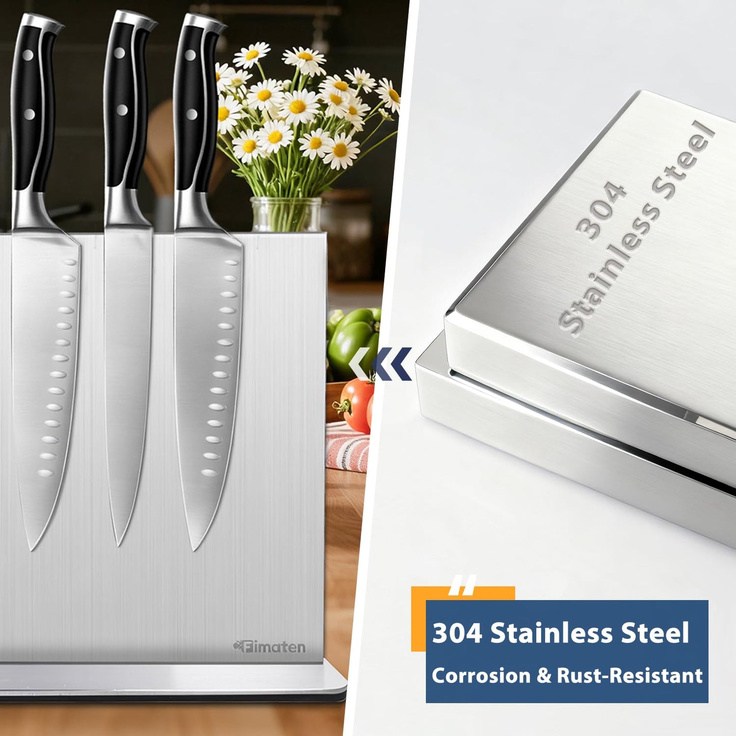 Fimaten Magnetic Knife Block Stand Without Knives 12 Inch Silver Stainless Steel Double Sided Home Kitchen Organizer Storage Knife Holder Board for Counter Top with Strong Magnets