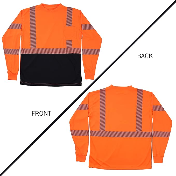 VENDACE 3 Pcs Safety T Shirts Reflective High Visibility Hi Vis Long Sleeve Construction Work Shirts for Men (Orange,L)