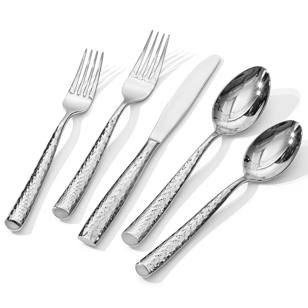 Kingstone Hammered Silverware Set, 10-Piece Flatware Set for 2, 18/10 Stainless Steel Heavy Duty Cutlery Set, Mirror Polished Utensil Sets for Home, Restaurant, Wedding, Dishwasher Safe