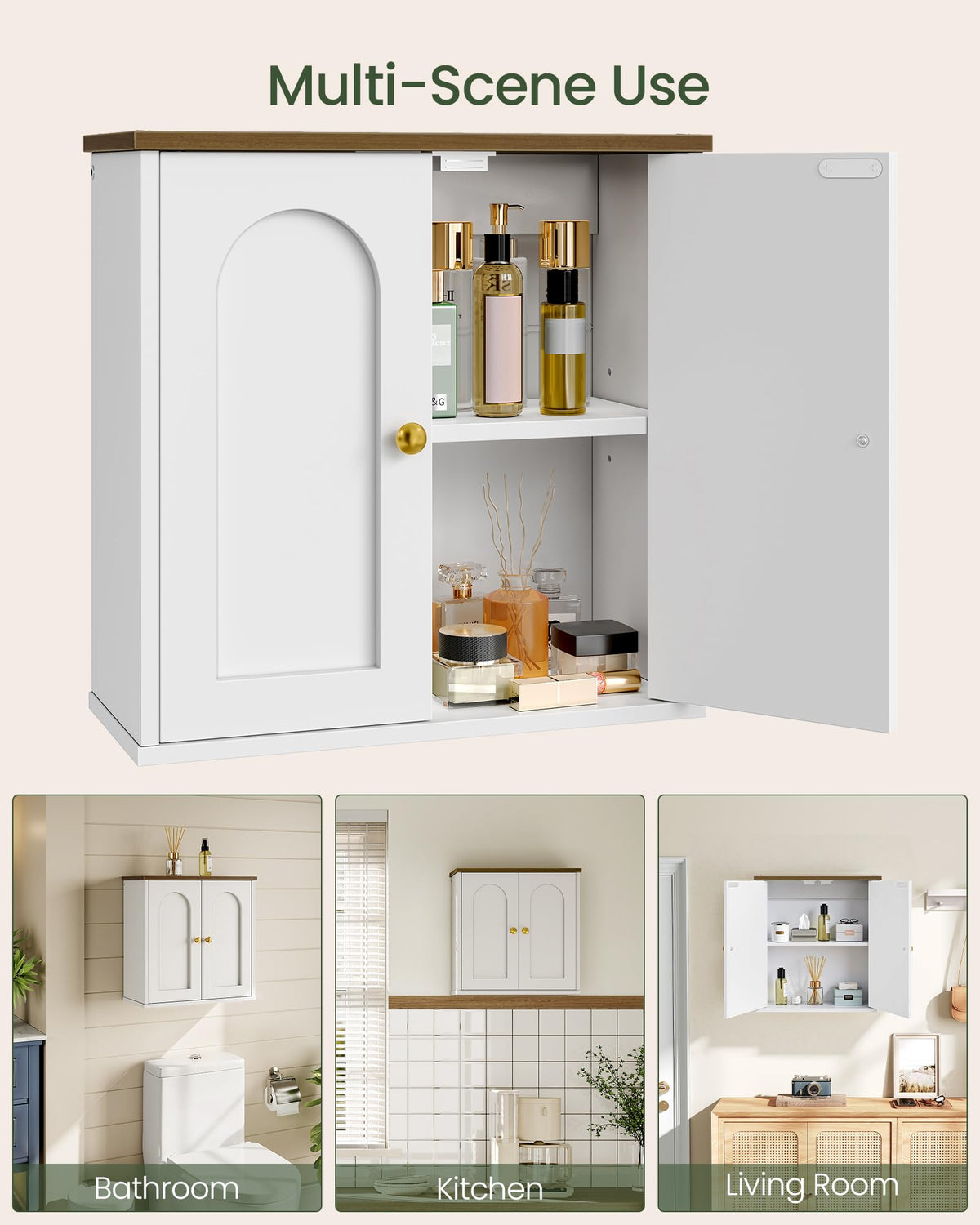 CHOEZON Bathroom Wall Cabinet, Medicine Cabinet with Adjustable Shelf, Modern Wall Cabinet with 2 Doors, Farmhouse Wall Mounted Storage Cabinet, for Bathroom, Living Room, Kitchen, White and Walnut