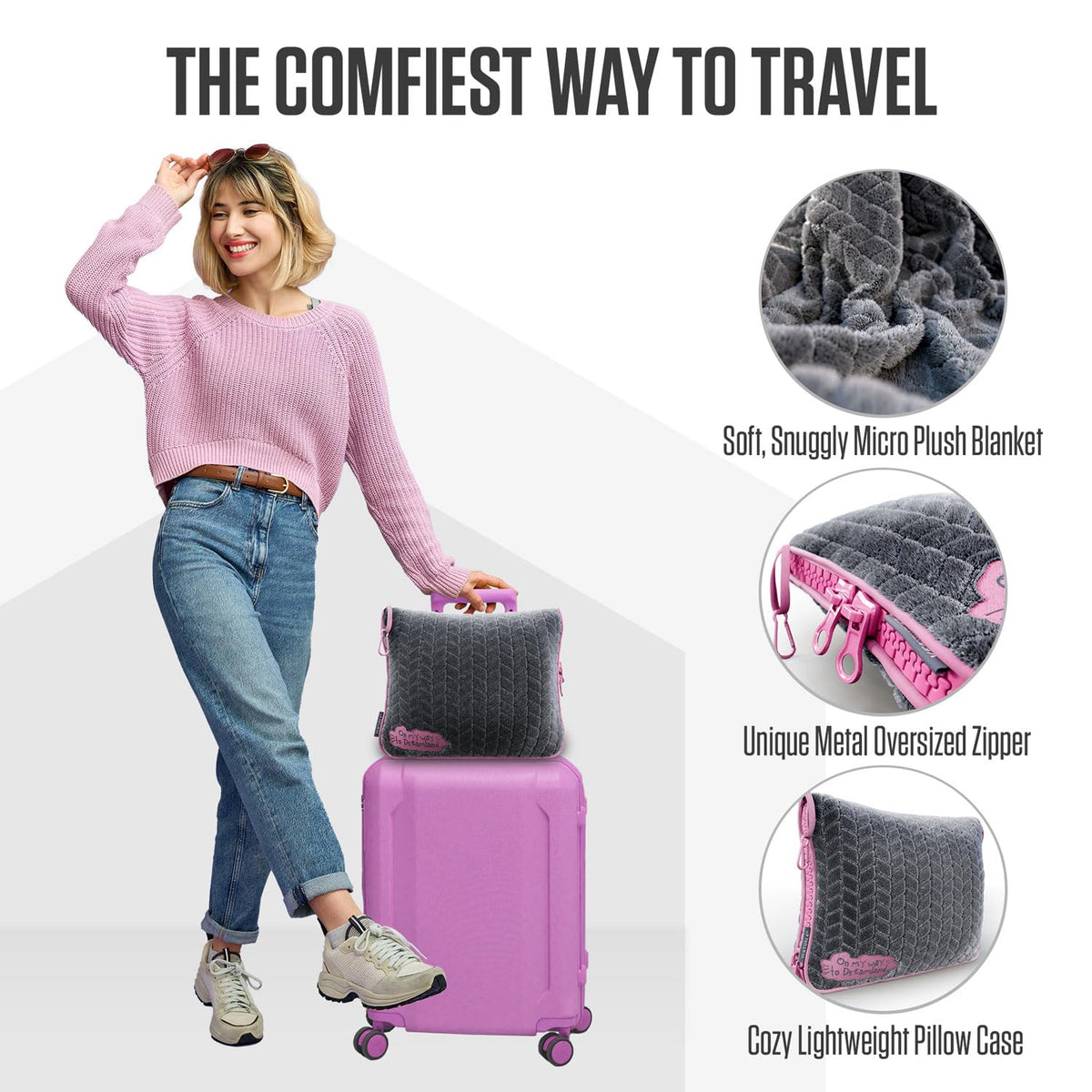VENTURE 4TH Travel Blanket Pillow – Premium Ultra-Soft & Warm 2-in-1 Blanket or Pillow for Airplane, Car & Bus – Compact, Lightweight & Portable – Lint-Free, No Shedding, No Pilling - Gray/Pink